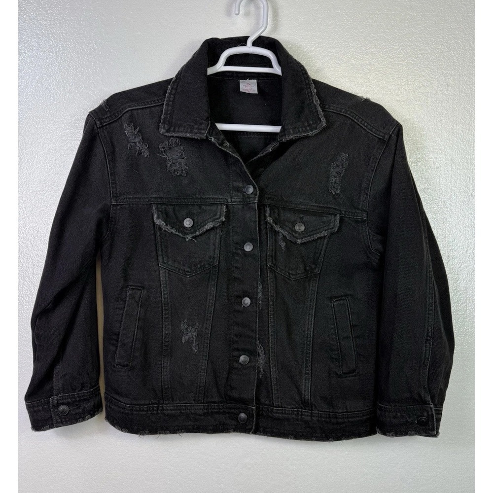 No Boundaries Denim Jean Jacket Womens Sz‎ M 7/9 Black Distressed Grunge